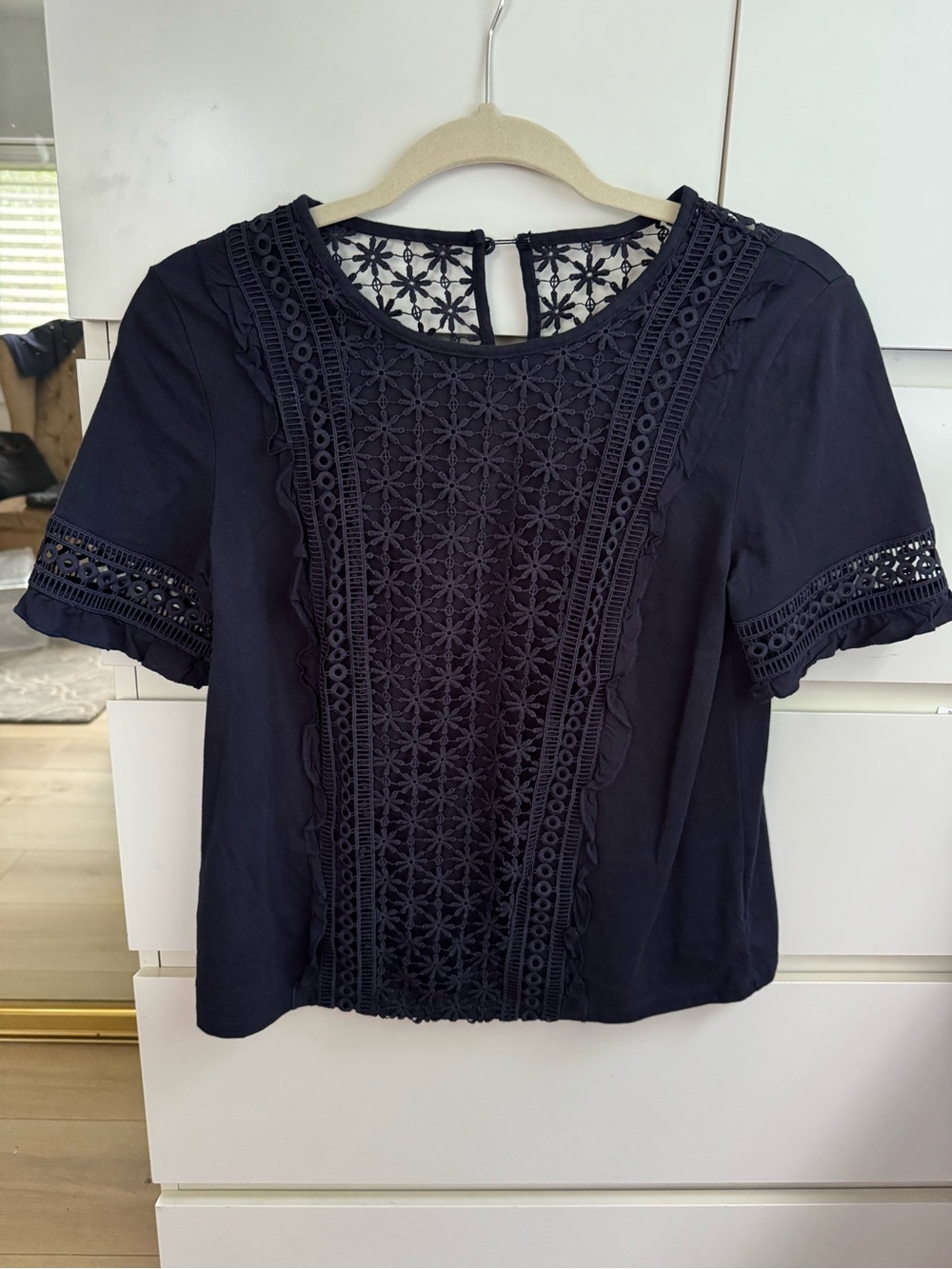 Anthropologie XSP Navy Lace Inset Short Sleeve Top